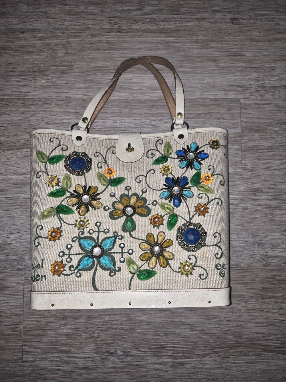1960s Enid Collins "Jewel Garden" Canvas Tote in Cream